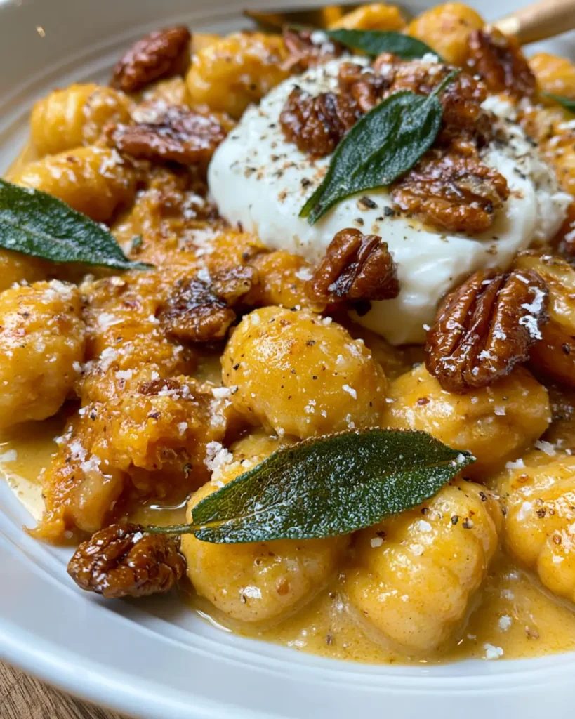Creamy Pumpkin Stuffed Shells with Burrata, Crispy Sage, Pecans & Hot Honey