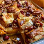 Golden Pumpkin & Apple Bread Pudding with Brie, Cranberries & Candied Pecans