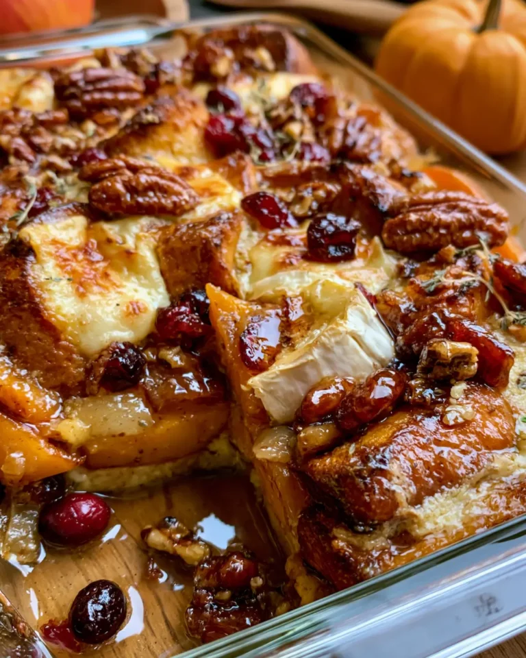 Golden Pumpkin & Apple Bread Pudding with Brie, Cranberries & Candied Pecans