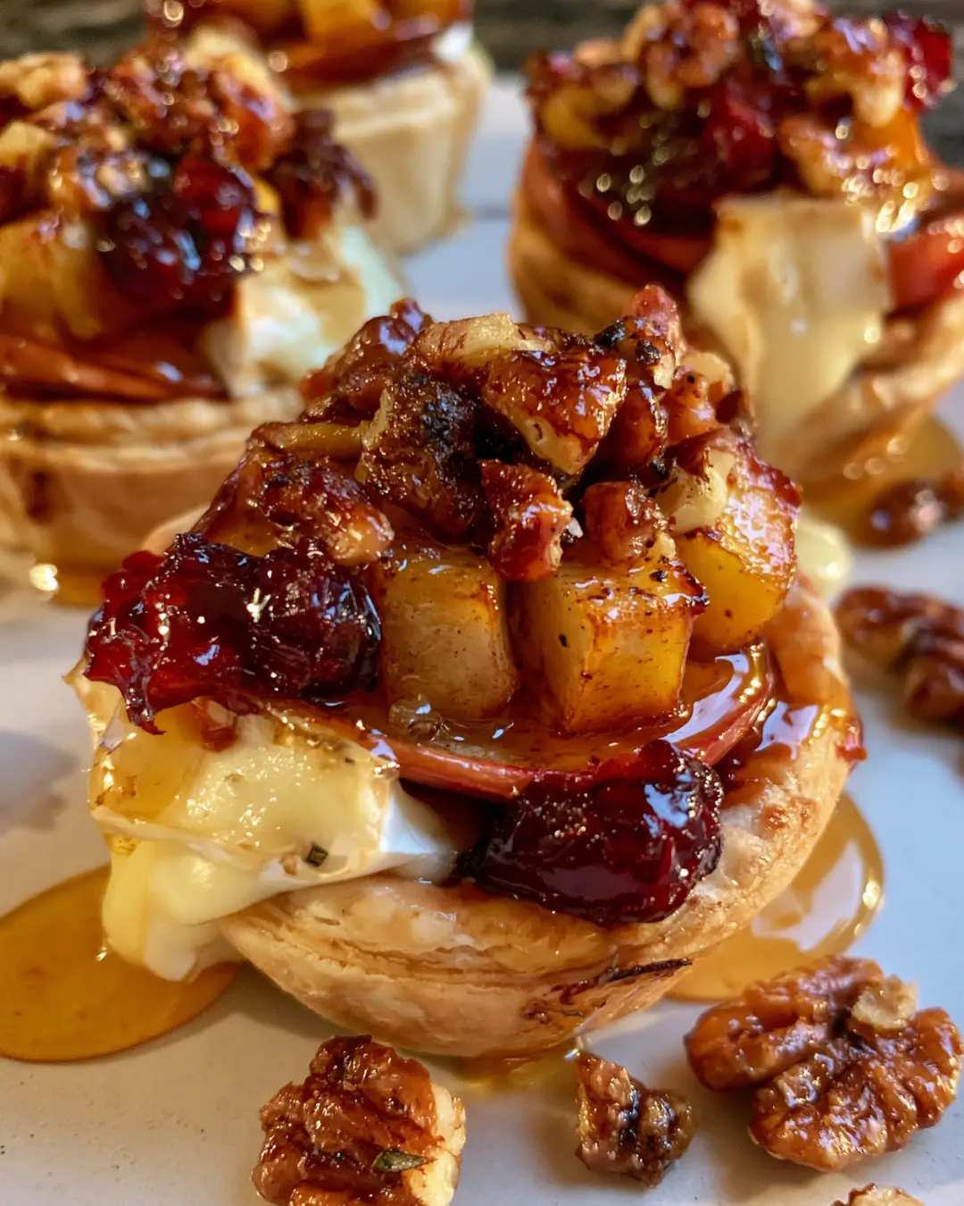 Crispy Apple & Cranberry Brie Cups with Candied Pecans & Hot Honey