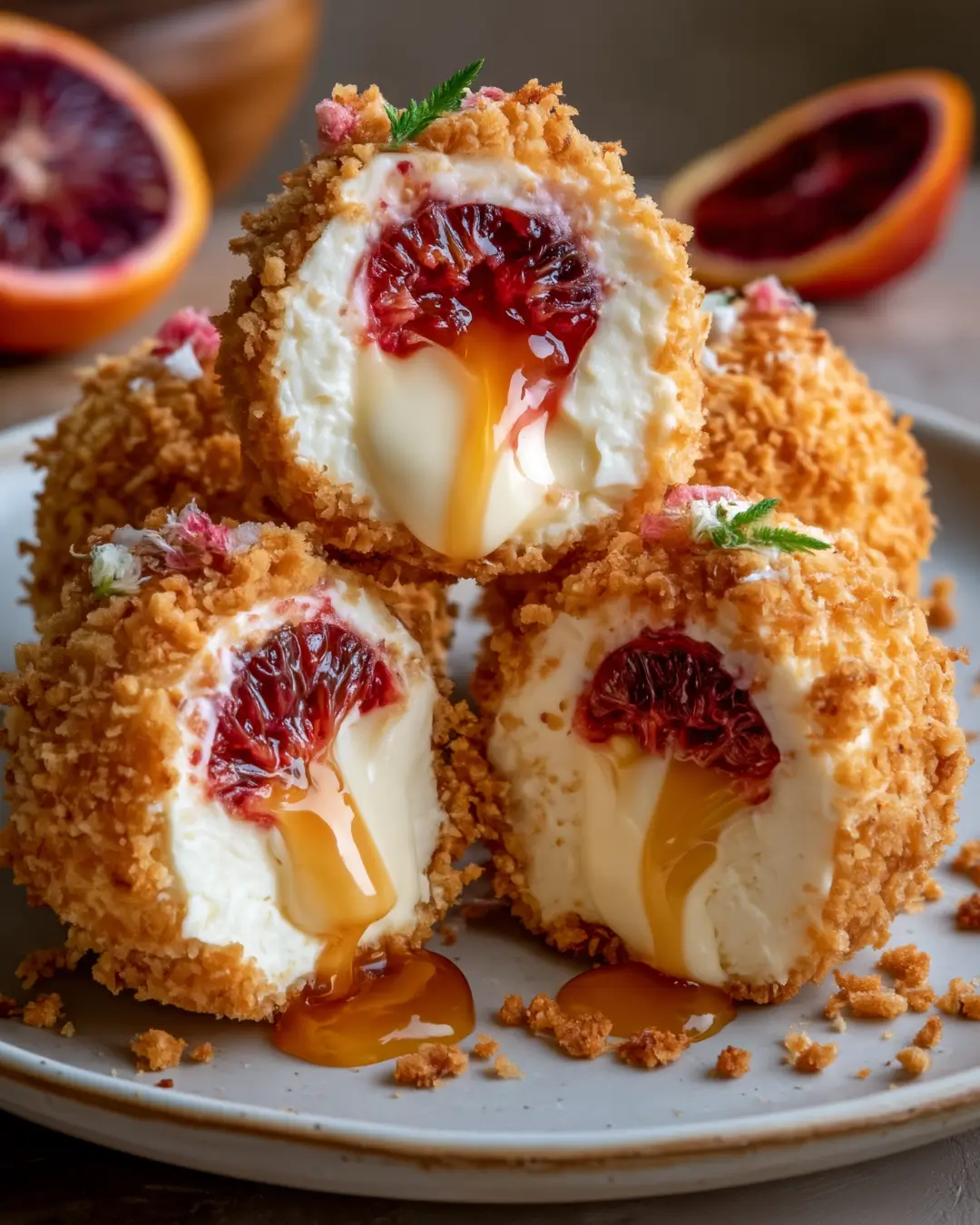 Crispy Blood Orange Cheesecake Bites with Honey