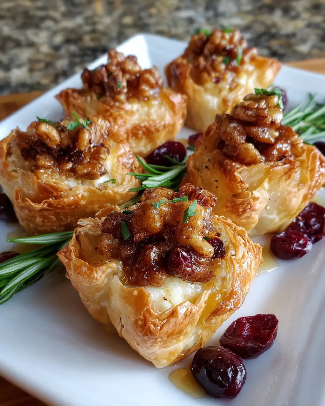 Crispy Festive Brie Phyllo Cups with Cranberries, Walnuts & Hot Honey