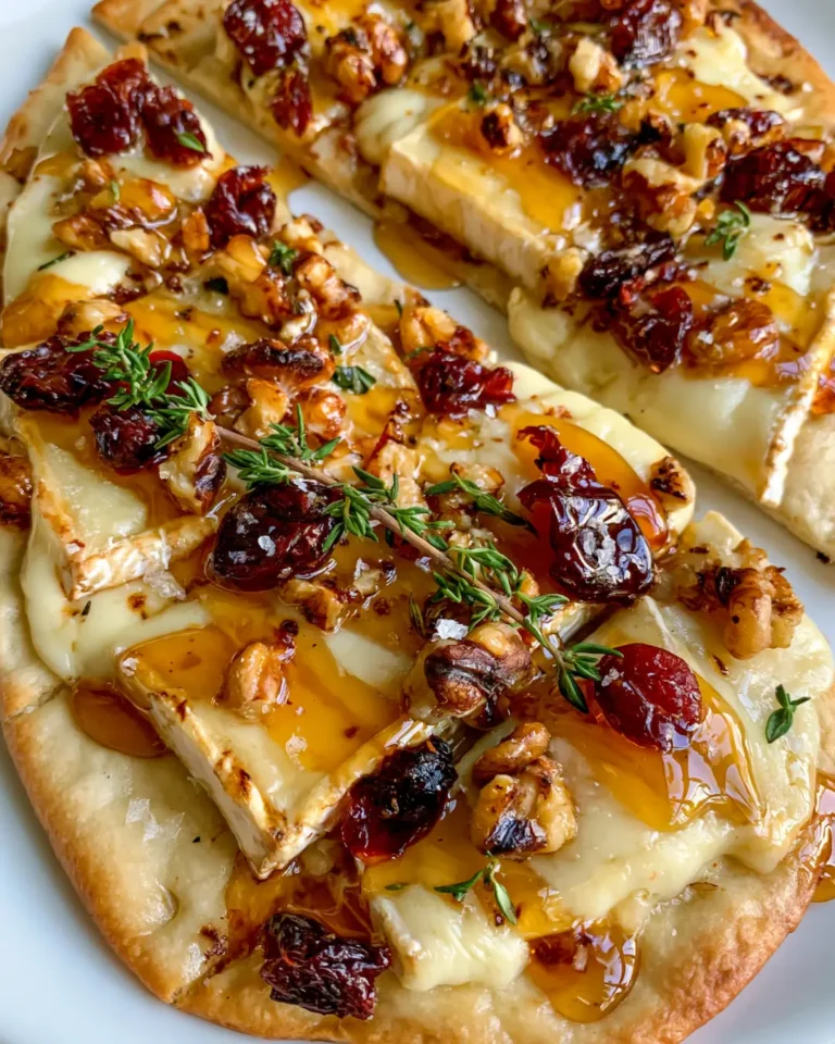 Crispy Flatbread with Brie, Cranberries & Toasted Walnuts with a Hot Honey Drizzle