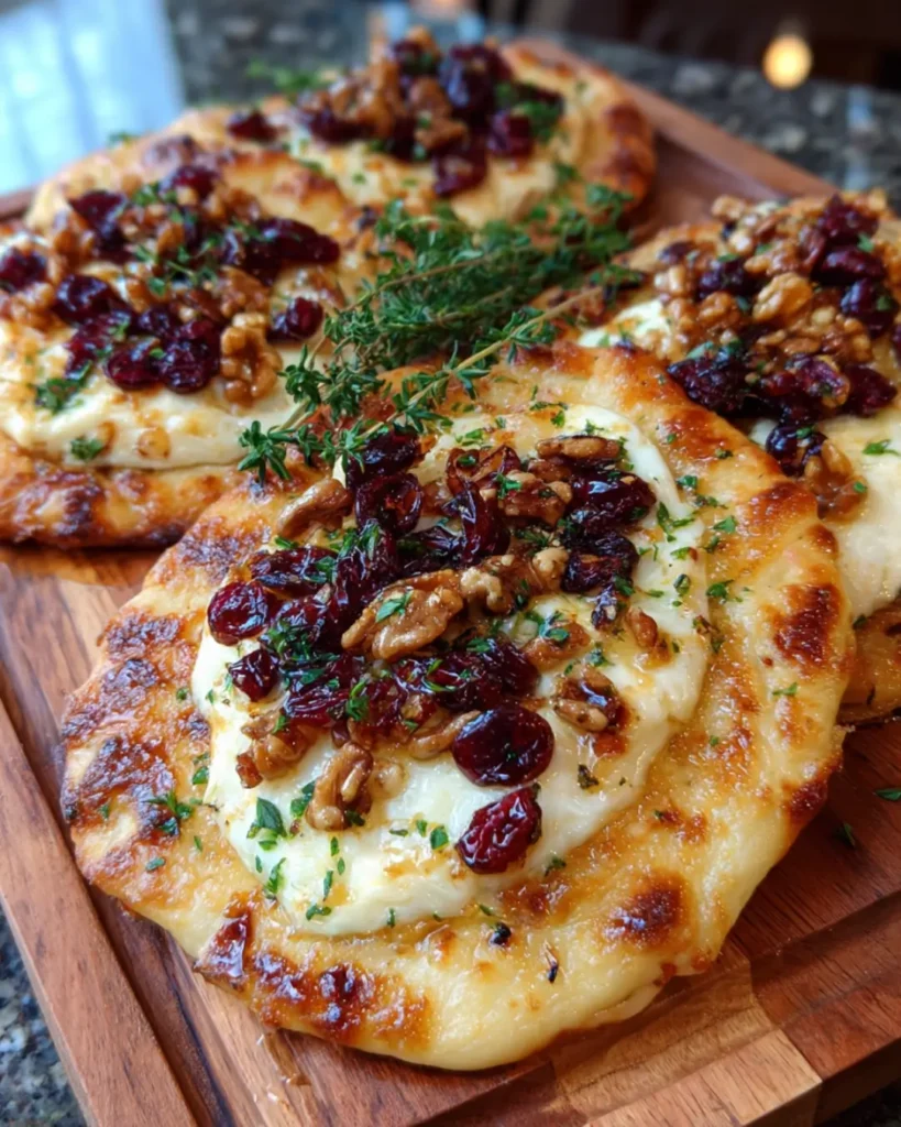 Crispy Flatbread with Brie, Cranberries & Toasted Walnuts with a Hot Honey Drizzle