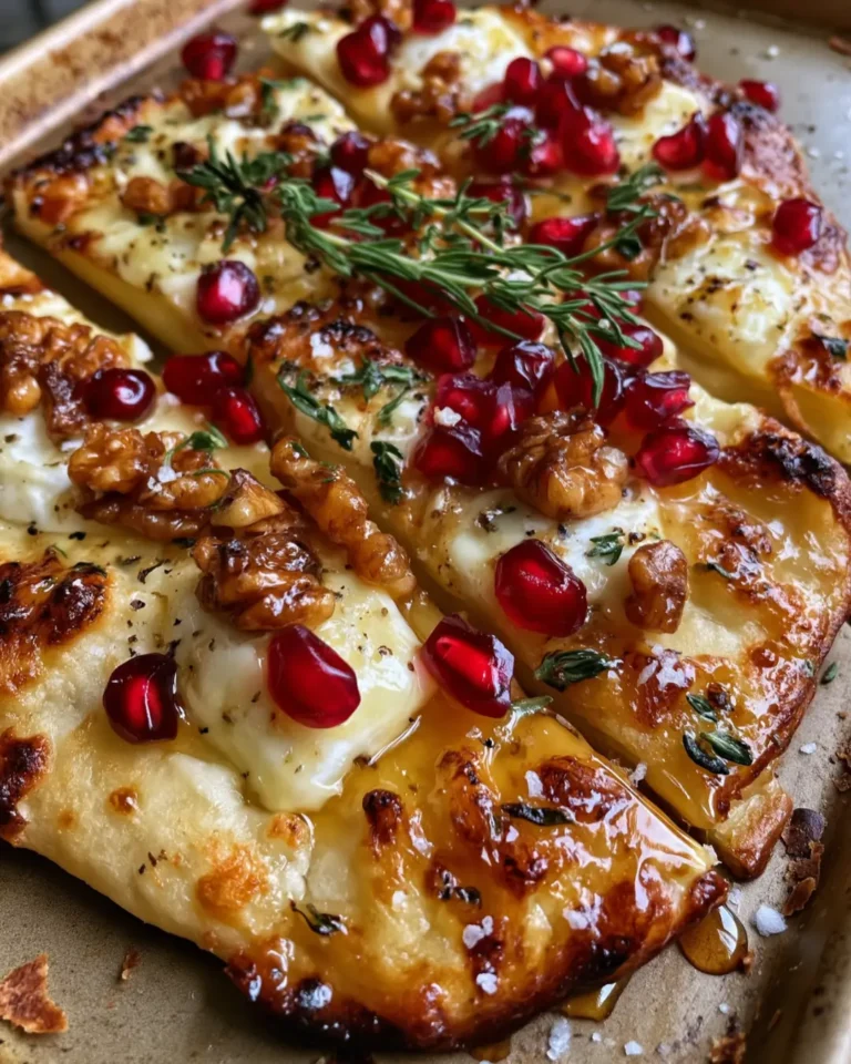 Crispy Flatbread with Brie, Pomegranate Seeds & Toasted Walnuts with Hot Honey
