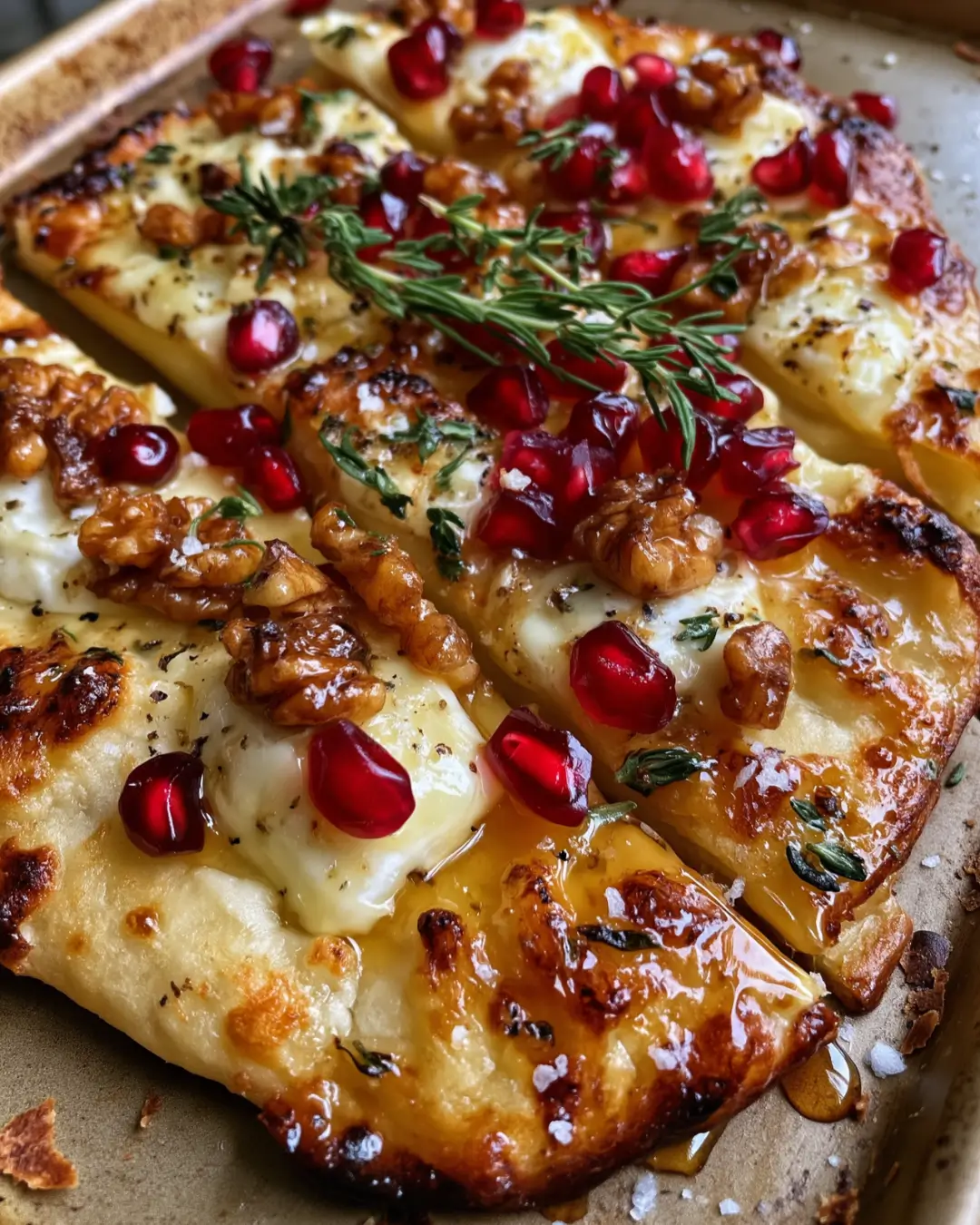 Crispy Flatbread with Brie, Pomegranate Seeds & Toasted Walnuts with Hot Honey