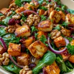 Crispy Halloumi & Roasted Sweet Potato Salad with Spinach and Walnuts