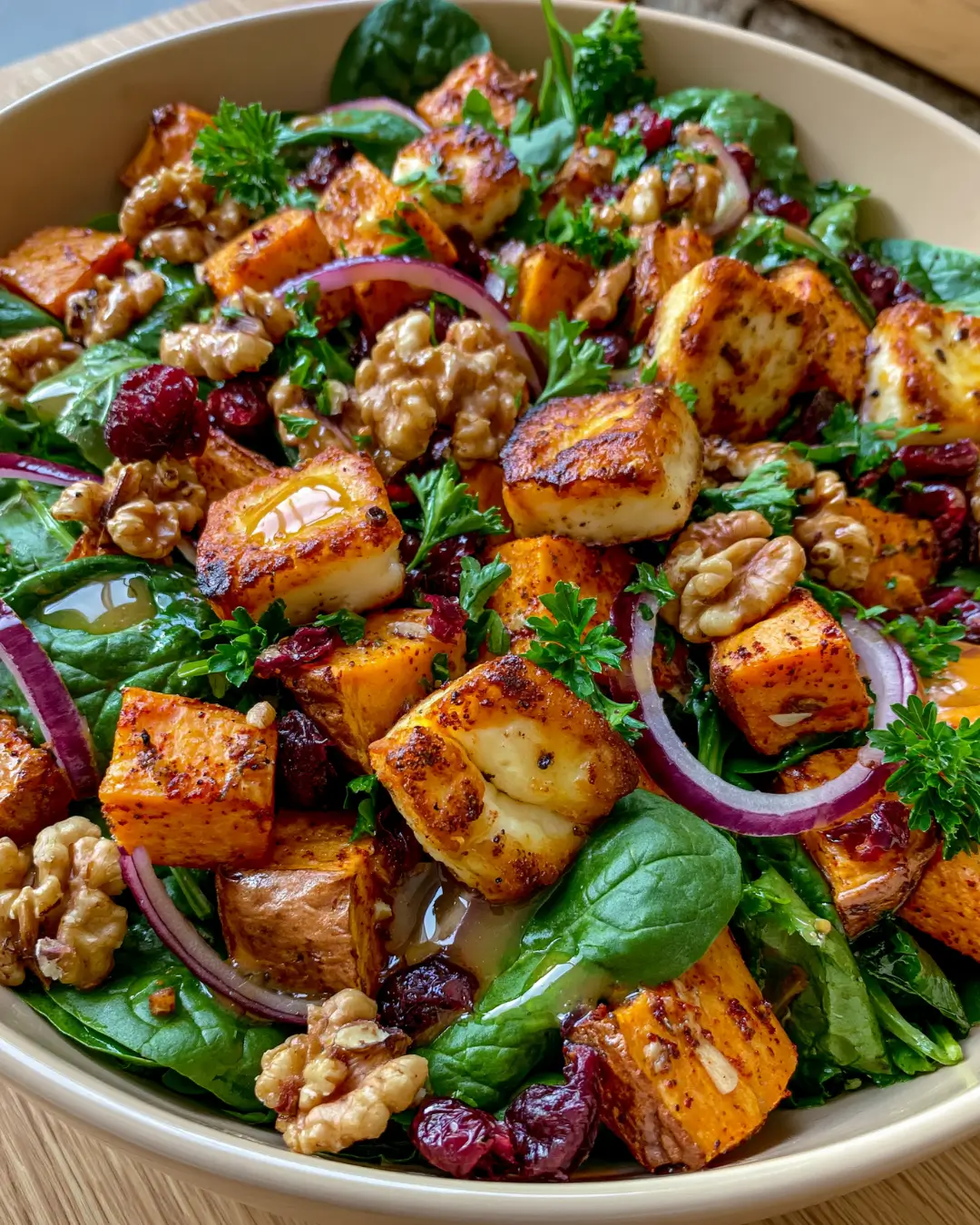 Crispy Halloumi & Roasted Sweet Potato Salad with Spinach and Walnuts
