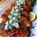 Crispy Hot Honey Lemon Feta Chicken Cutlets with Mediterranean Herb Crust & Tzatziki Drizzle