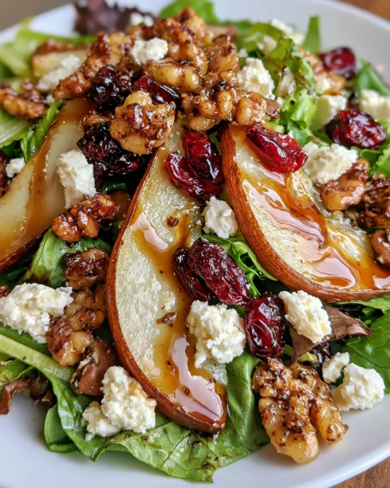 Crispy Pear & Cranberry Salad with Feta, Candied Walnuts & Maple Balsamic Glaze