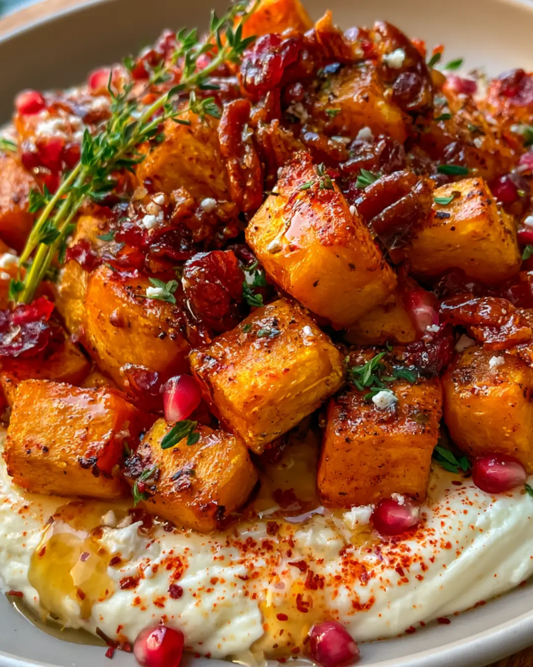 Crispy Pumpkin Bites with Whipped Feta, Cranberries, Candied Pecans & Hot Honey
