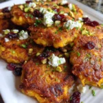 Crispy Pumpkin Fritters with Whipped Feta, Cranberries, Pistachios & Maple Honey