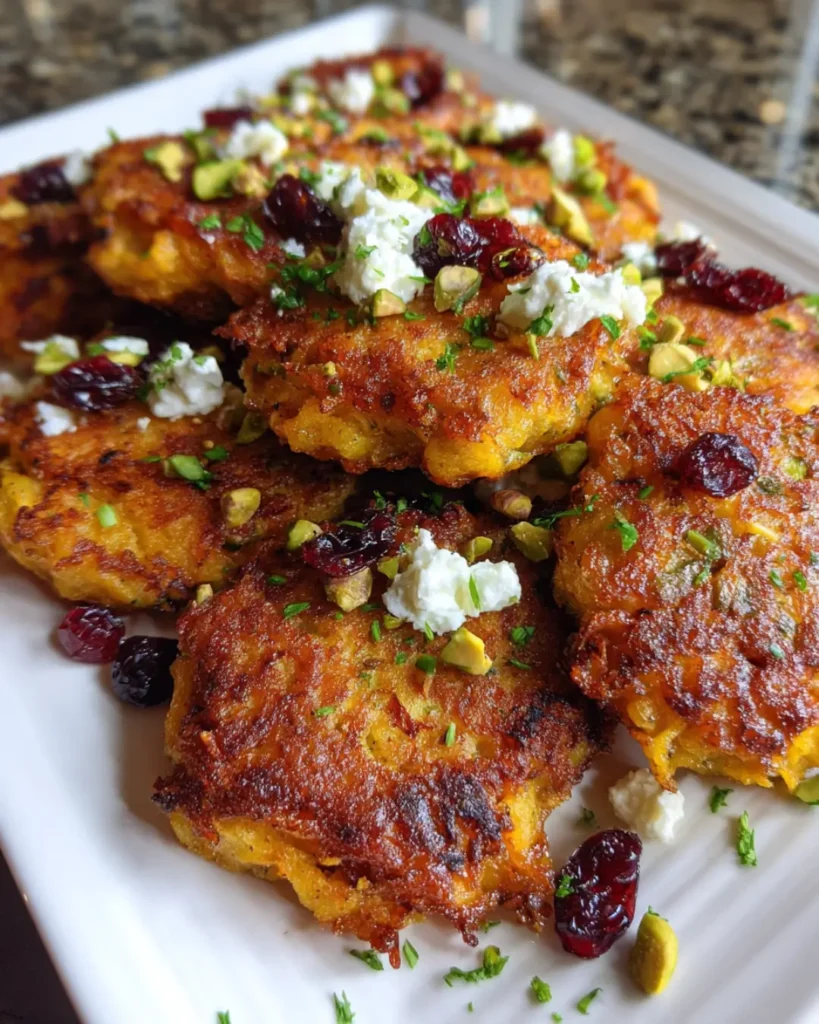 Crispy Pumpkin Fritters with Whipped Feta, Cranberries, Pistachios & Maple Honey