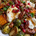 Crispy Pumpkin & Brussels Sprouts with Burrata, Pomegranate, Candied Pecans & Hot Honey