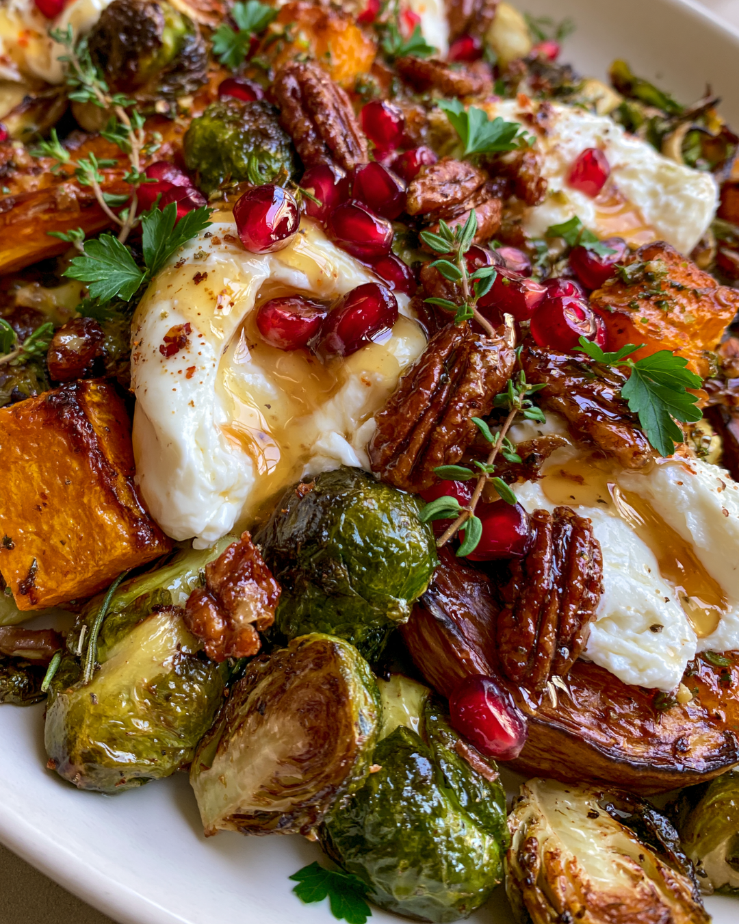 Crispy Pumpkin & Brussels Sprouts with Burrata, Pomegranate, Candied Pecans & Hot Honey