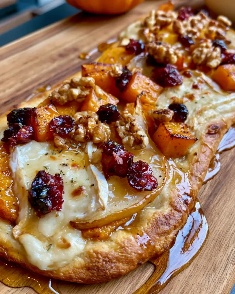 Crispy Pumpkin & Pear Flatbread with Brie, Cranberries, Walnuts & Maple Honey