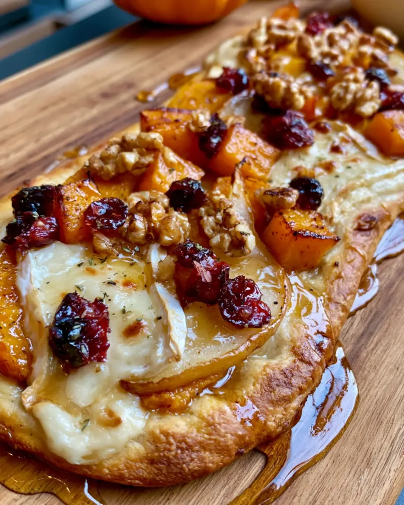 Crispy Pumpkin & Pear Flatbread with Brie, Cranberries, Walnuts & Maple Honey