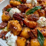 Crispy Roasted Pumpkin Gnocchi with Burrata, Sage, Candied Pecans & Hot Honey