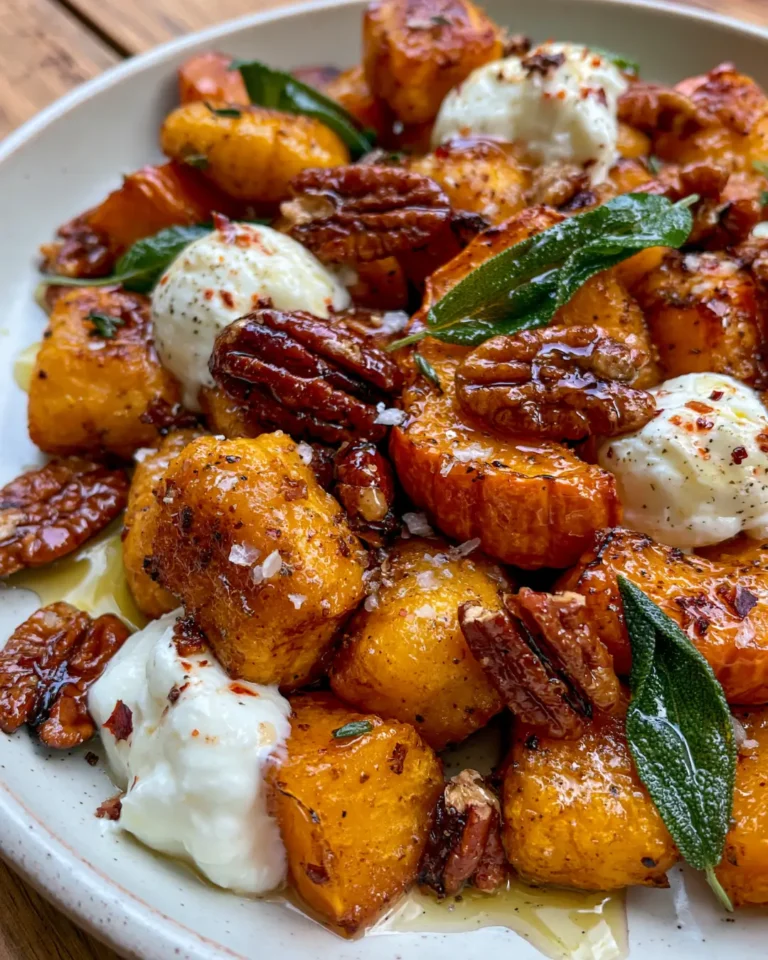 Crispy Roasted Pumpkin Gnocchi with Burrata, Sage, Candied Pecans & Hot Honey