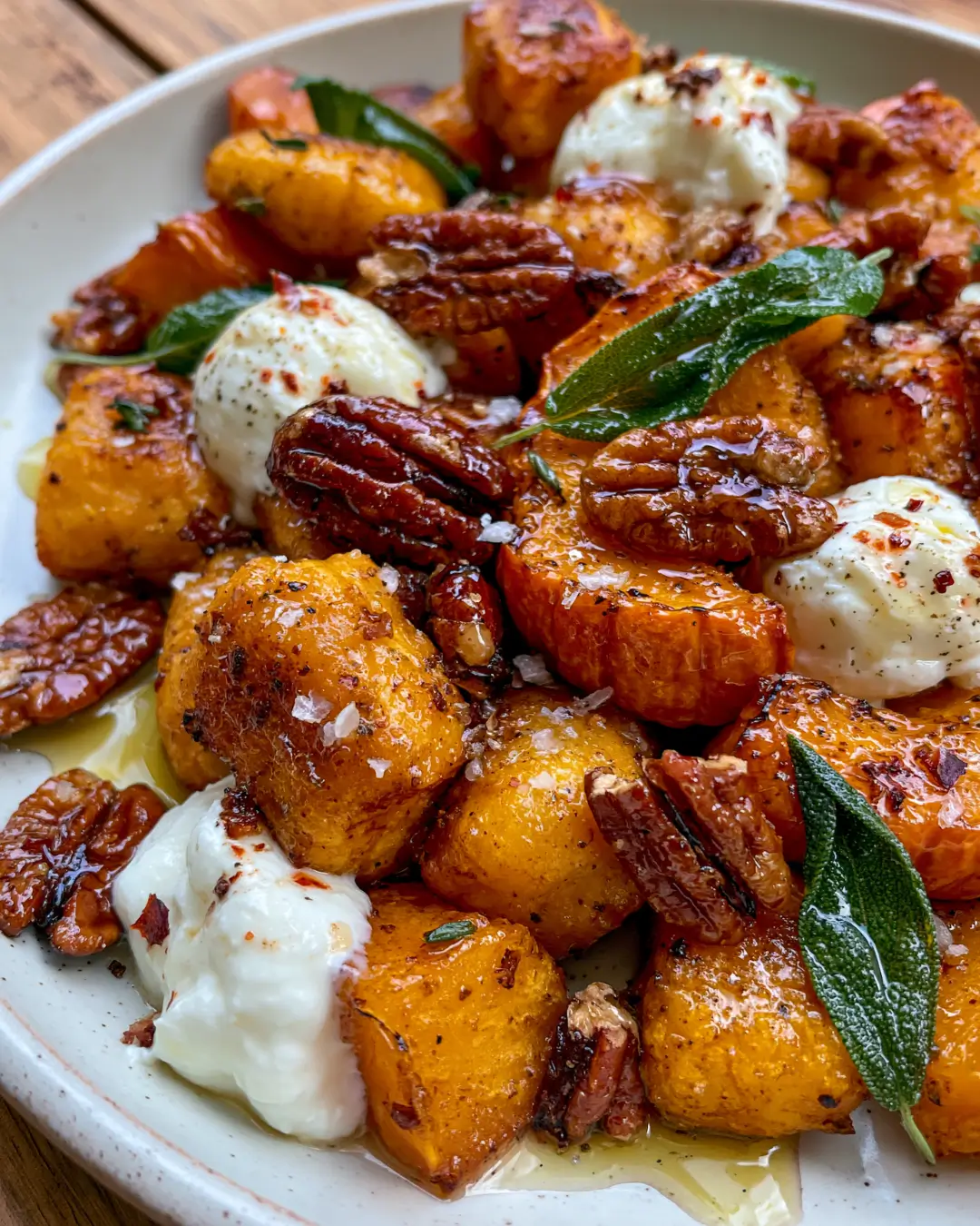 Crispy Roasted Pumpkin Gnocchi with Burrata, Sage, Candied Pecans & Hot Honey