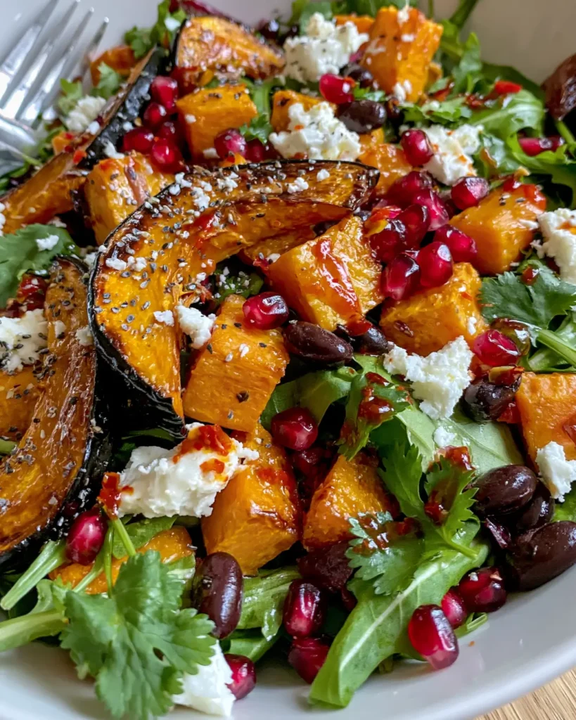 Crispy Roasted Pumpkin, Sweet Potato & Black Bean Salad with Pomegranate, Feta & Chilli Lime Dressing