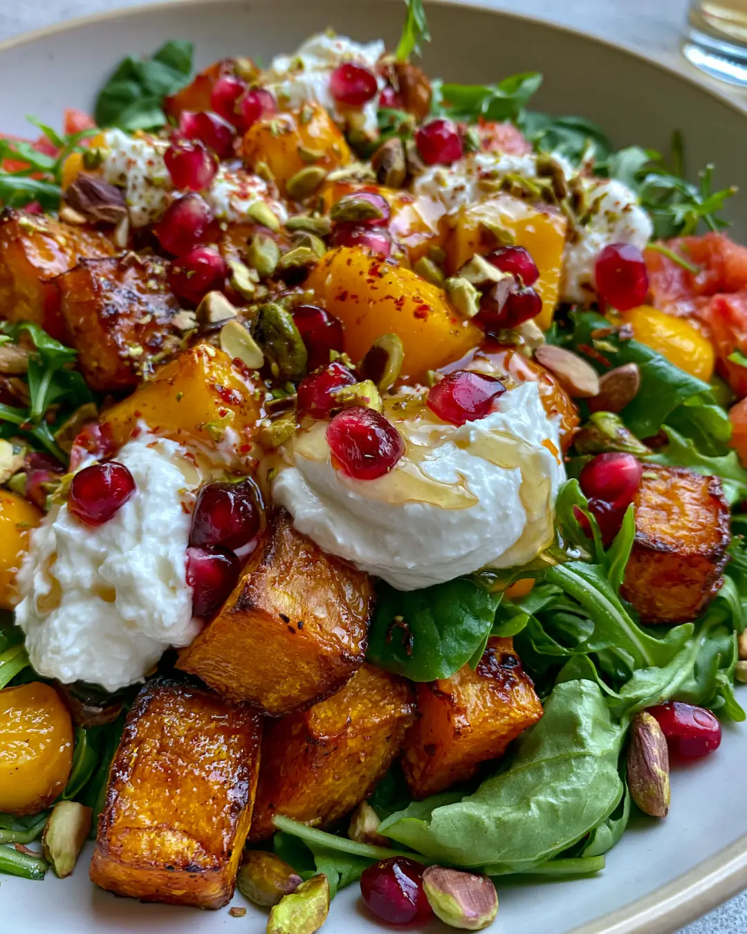 Crispy Roasted Sweet Potato & Mango Salad with Whipped Feta, Pomegranate, Pistachios & Hot Honey