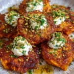 Crispy Sweet Potato Fritters with Whipped Ricotta, Honey & Pistachio Crunch