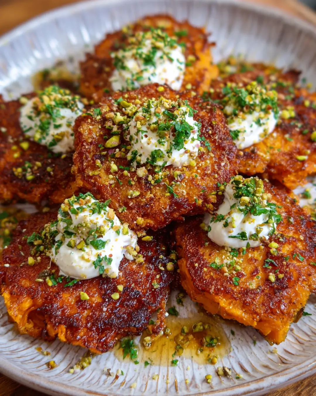 Crispy Sweet Potato Fritters with Whipped Ricotta, Honey & Pistachio Crunch