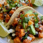 Crispy Sweet Potato & Black Bean Tacos with Avocado, Feta & Hot Honey Lime Drizzle