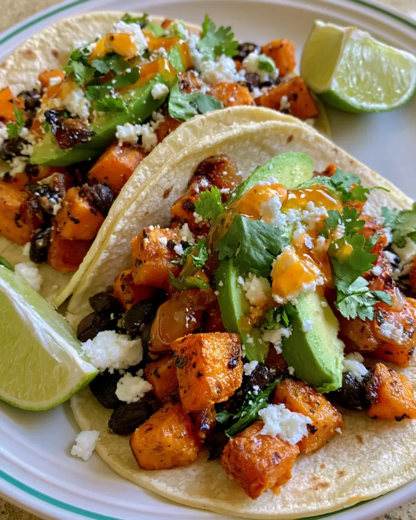 Crispy Sweet Potato & Black Bean Tacos with Avocado, Feta & Hot Honey Lime Drizzle