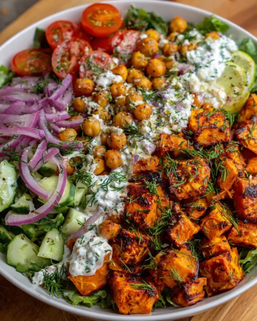 Crispy Sweet Potato & Chickpea Salad with Whipped Feta, Cucumber & Hot Honey Dressing