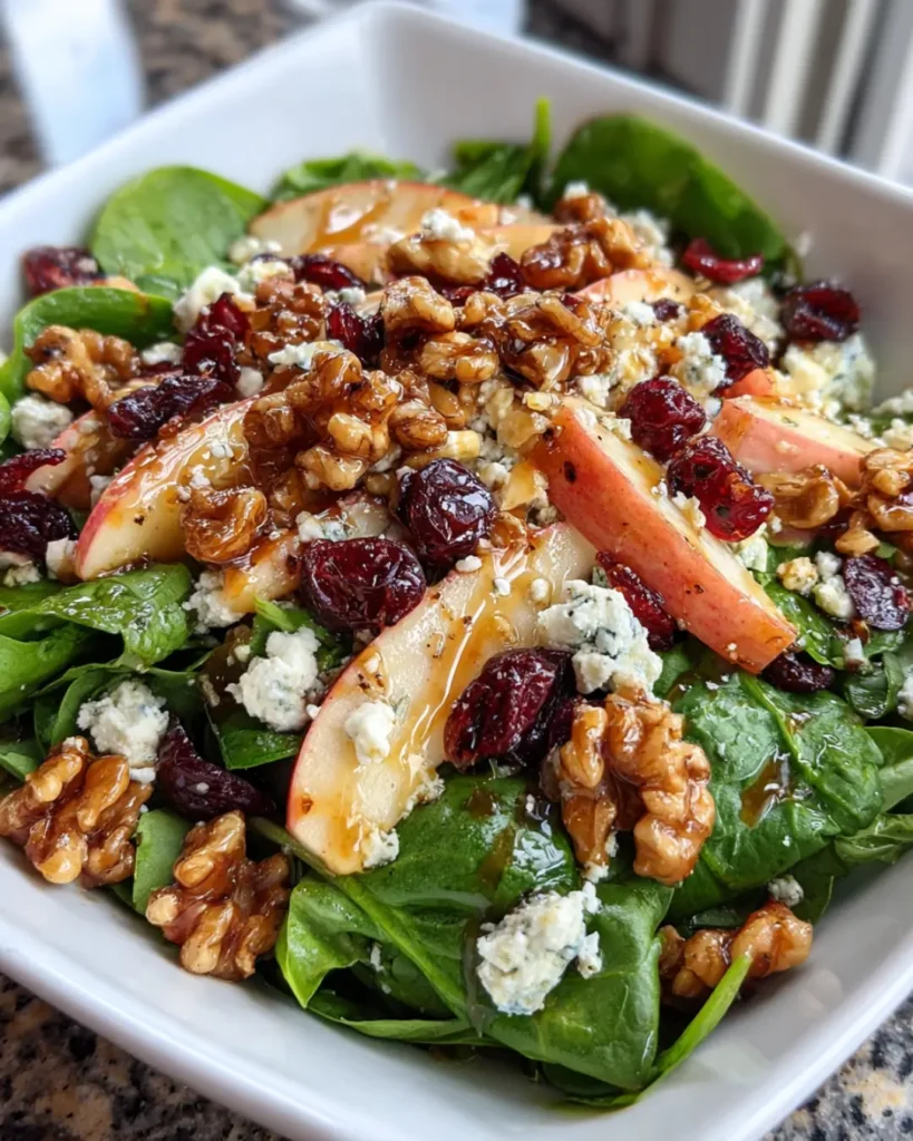 Crunchy Apple Spinach Salad with Walnuts, Feta, Dried Cranberries & Honey Mustard Dressing