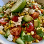 Crunchy Corn, Cucumber & Avocado Salad with Feta & Lime