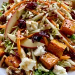 Crunchy Cranberry Apple Slaw with Roasted Pumpkin, Pecans, Feta & Maple Honey Dressing