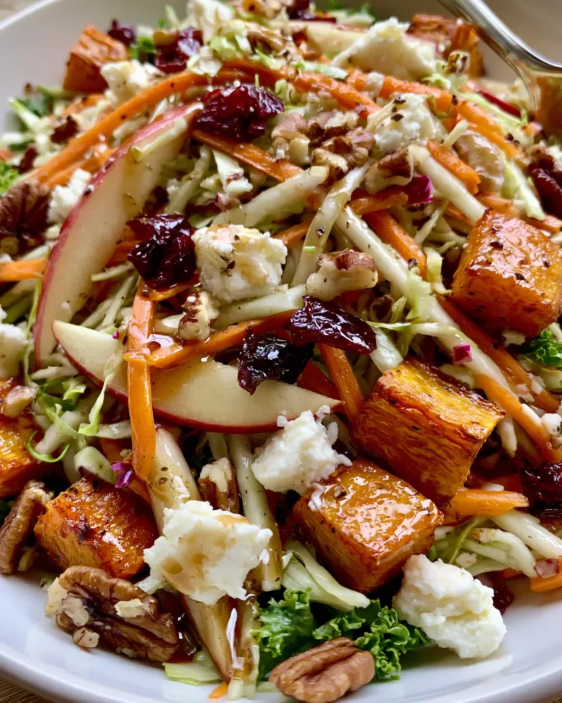 Crunchy Cranberry Apple Slaw with Roasted Pumpkin, Pecans, Feta & Maple Honey Dressing