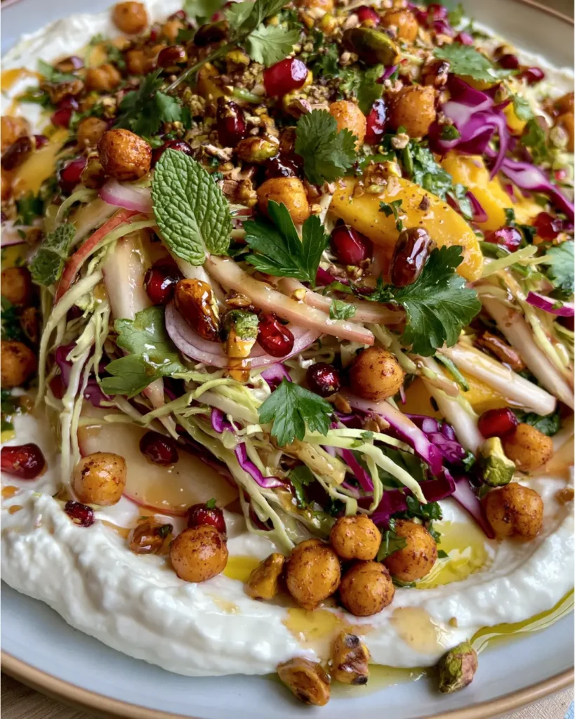 Crunchy Mango & Apple Slaw with Whipped Feta, Hot Honey, Pistachios & Crispy Chickpeas