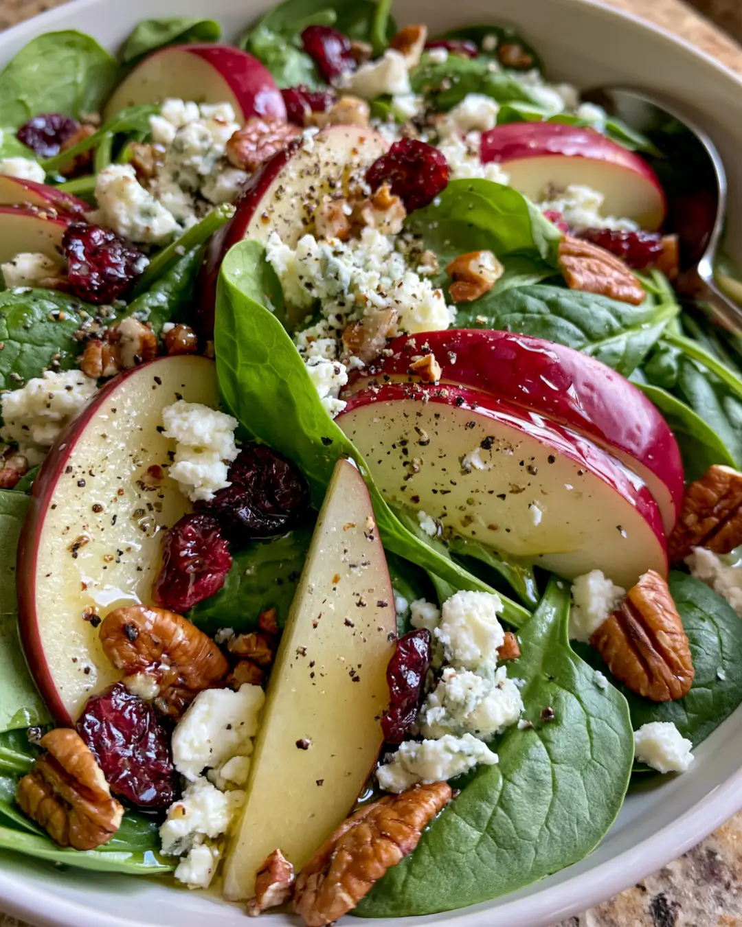 Crunchy Apple, Pear & Spinach Salad with Cranberries, Feta & Toasted Pecans