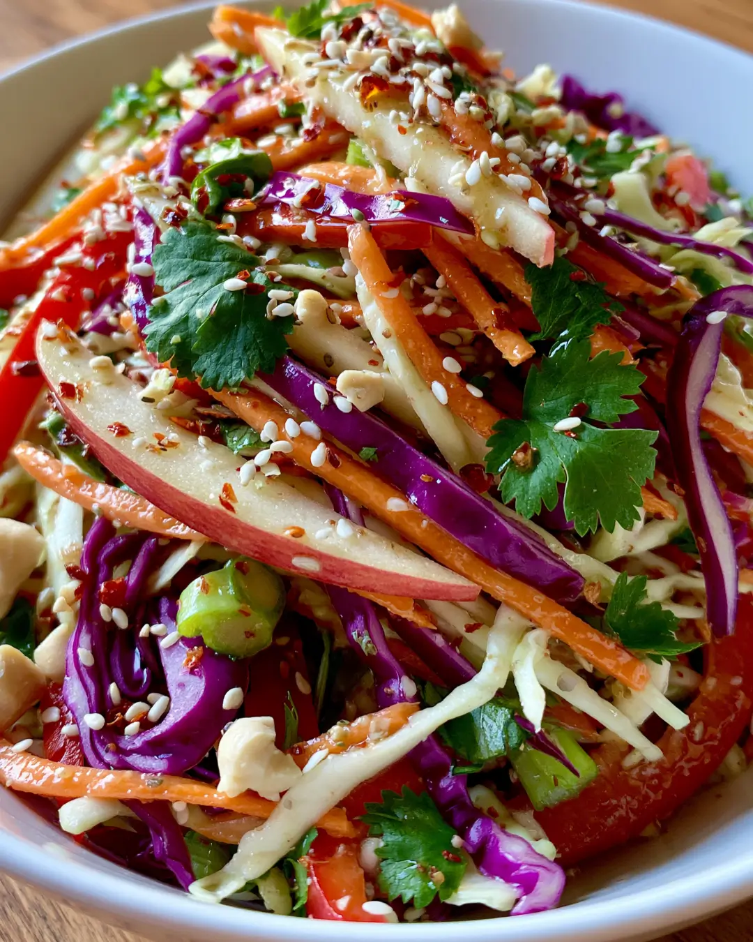 Crunchy Rainbow Slaw with Apple, Carrots, Cabbage & Maple Dressing