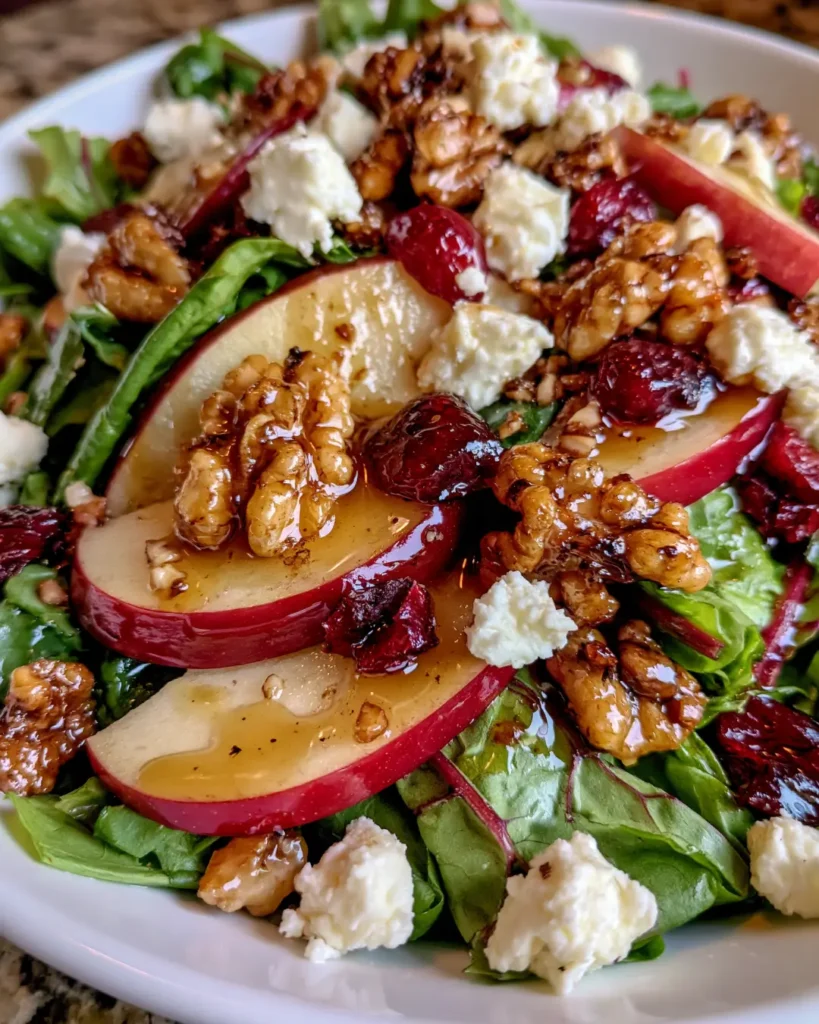 Festive Apple, Pear & Cranberry Salad with Feta, Candied Walnuts & Maple Balsamic Glaze