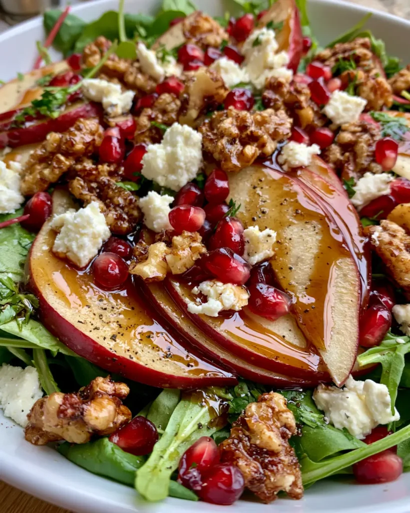 Festive Pear & Apple Salad with Feta, Pomegranate, Candied Walnuts & Honey Balsamic