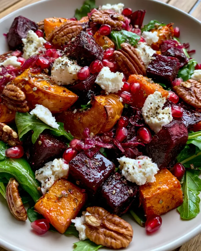 Festive Roasted Beetroot, Pumpkin & Sweet Potato Salad with Feta, Pomegranate & Pecans