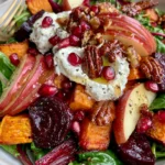 Festive Sweet Potato & Beet Salad with Apple, Pomegranate, Whipped Feta & Hot Honey Pecans