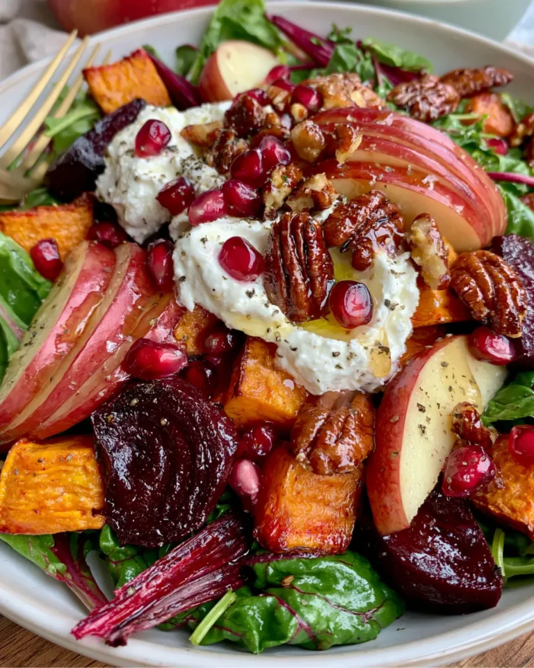 Festive Sweet Potato & Beet Salad with Apple, Pomegranate, Whipped Feta & Hot Honey Pecans