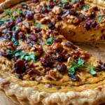 Festive Vegan Pumpkin Quiche with Cranberries, Caramelized Onion, Walnuts & Maple Balsamic