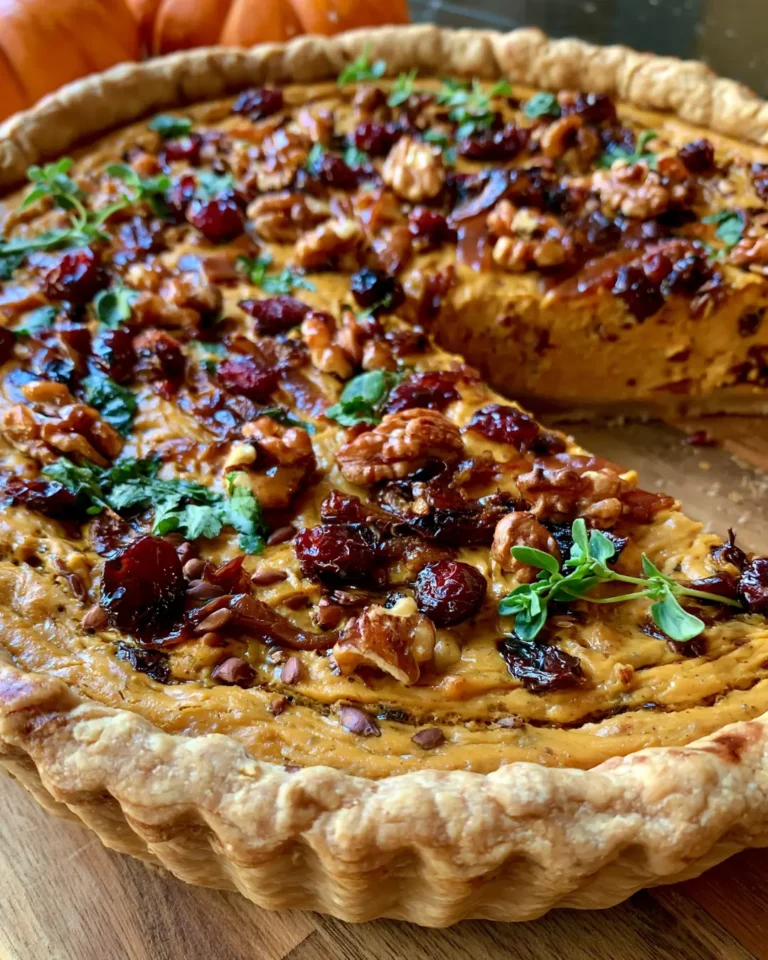 Festive Vegan Pumpkin Quiche with Cranberries, Caramelized Onion, Walnuts & Maple Balsamic