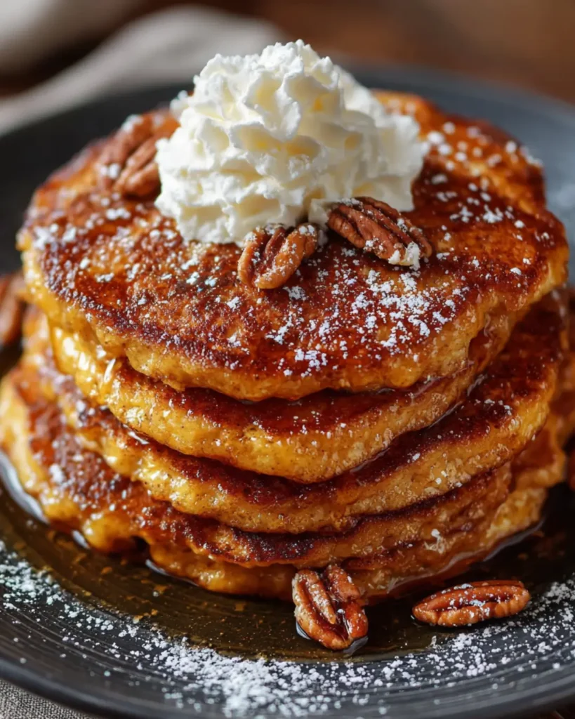 Fluffy Pumpkin Pancakes with Cinnamon, Maple Syrup & Whipped Cream