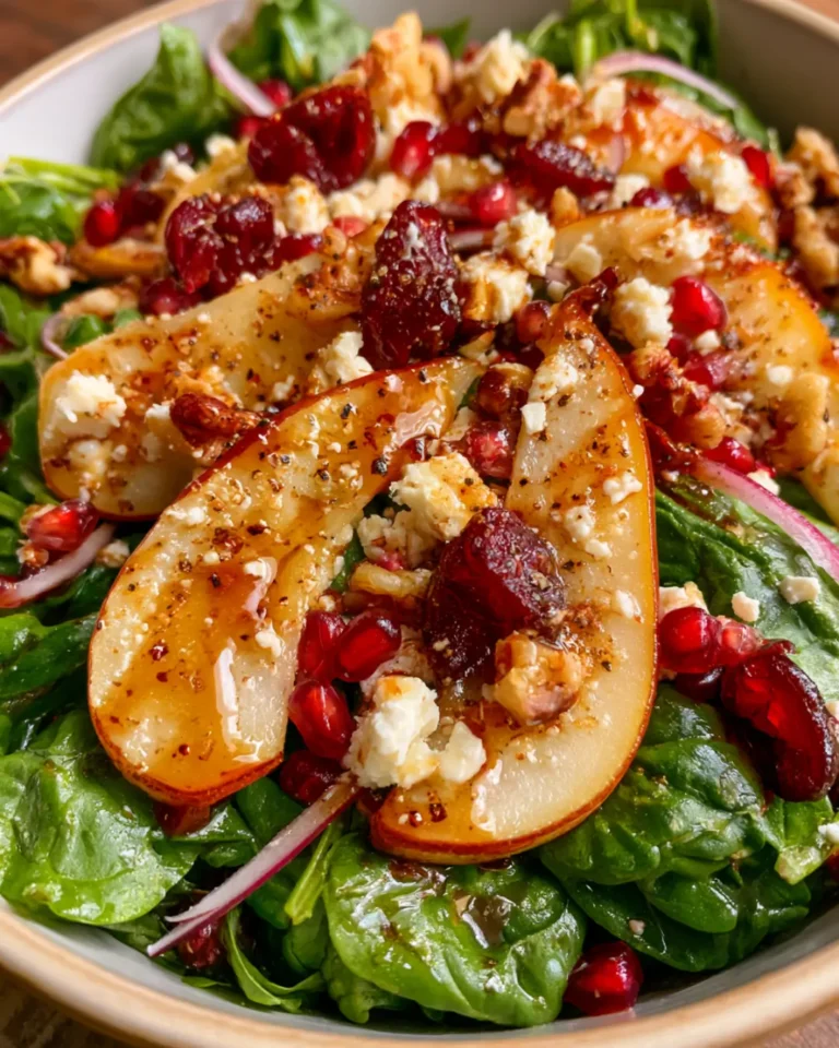 Fresh Spinach, Pear & Cranberry Salad with Feta and Maple-Balsamic Dressing