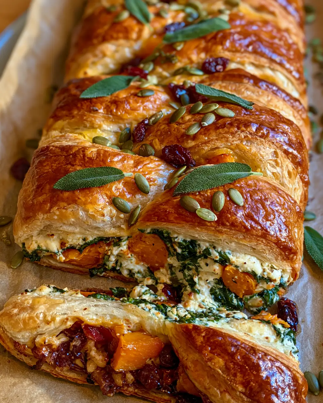 Golden Baked Feta & Spinach Puff Pastry Braid with Butternut, Cranberry & Sage