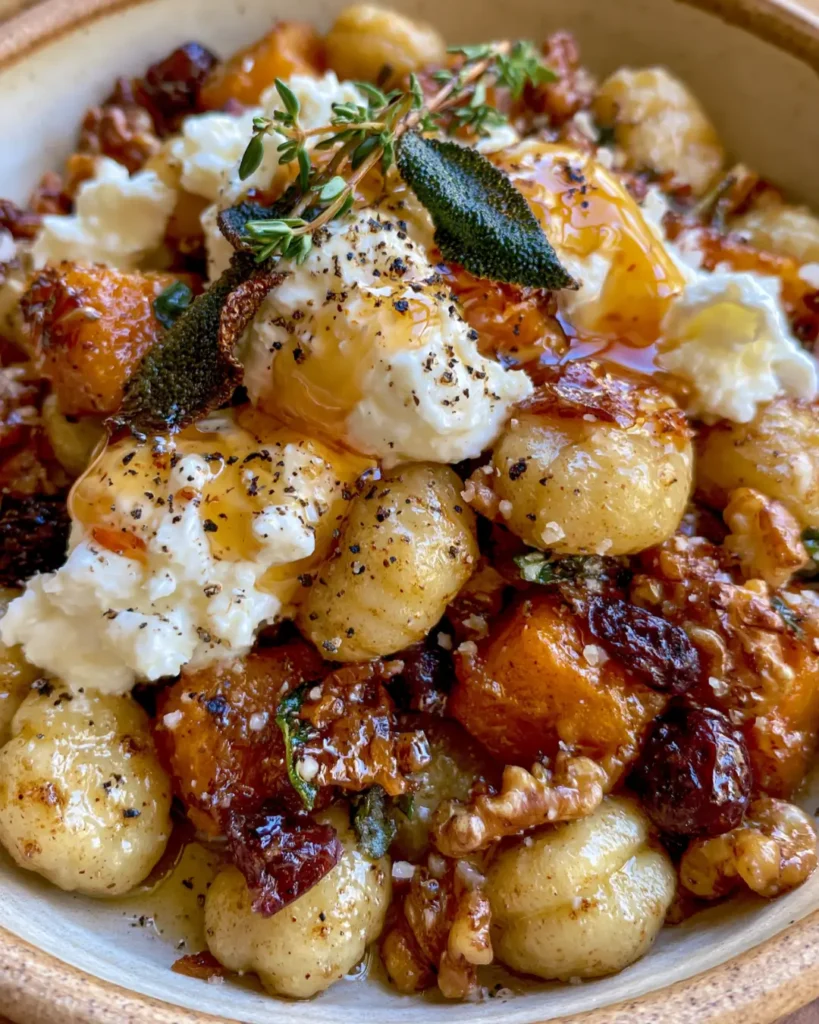 Golden Butternut Squash Gnocchi with Burrata, Crispy Sage, Cranberries & Hot Honey