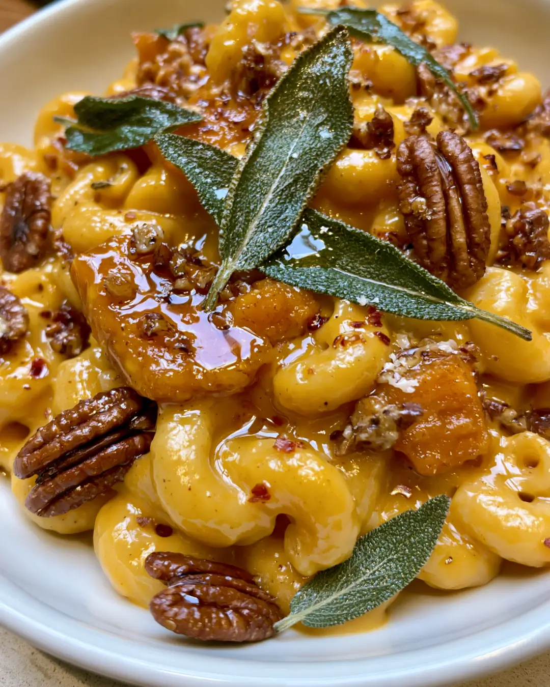 Golden Butternut Squash Mac & Cheese with Crispy Sage, Pecans & Hot Honey